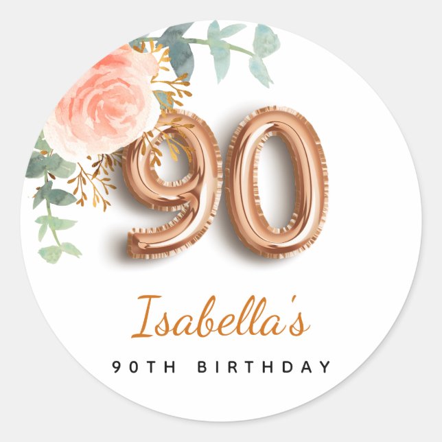 90th birthday floral rose gold eucalyptus monogram classic round sticker (Front)