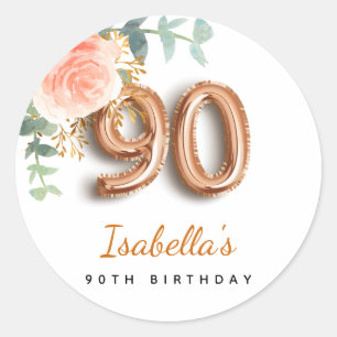 90th birthday floral rose gold eucalyptus monogram classic round sticker