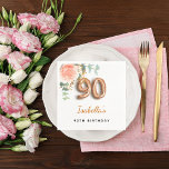 90th birthday floral rose gold eucalyptus monogram napkin<br><div class="desc">For an elegant and feminine 90th birthday birthday party. A chic white background. Decorated with a rose gold and blush pink watercolored rose flower, floral, green eucalyptus leaves, sprigs, greenery and faux gold sprigs. Personalise and a name. Black and golden letters. The name is written with a modern hand lettered...</div>