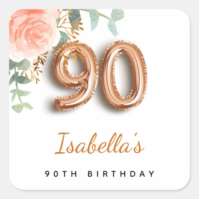 90th birthday floral rose gold eucalyptus monogram square sticker (Front)