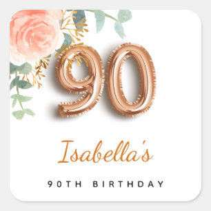 90th birthday floral rose gold eucalyptus monogram square sticker