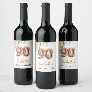 90th birthday floral rose gold eucalyptus monogram wine label
