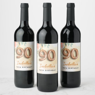90th birthday floral rose gold eucalyptus monogram wine label