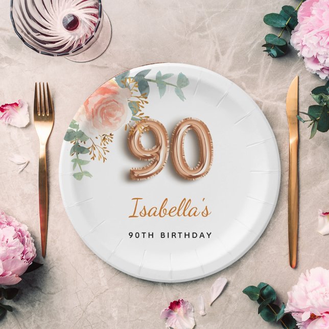 90th birthday floral rose gold eucalyptus name paper plate (Creator Uploaded)