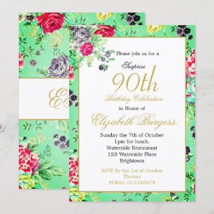 90th Birthday Floral Rose Gold Monogram Birthday Invitation