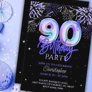 90th Birthday for Him Blue Fireworks Foil Balloon  Invitation