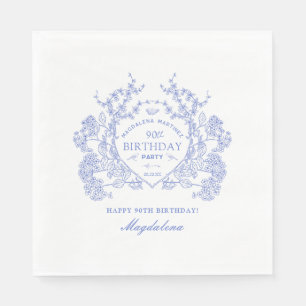 90th Birthday French Blue Floral Crest Custom Napkin
