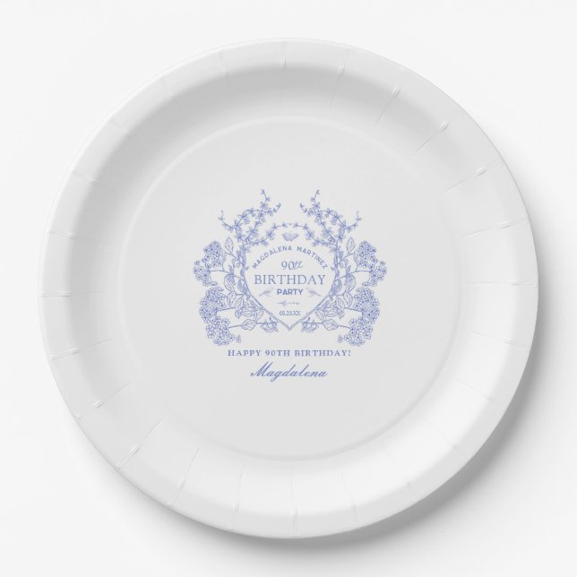 90th Birthday French Blue Floral Crest Custom Paper Plate (Front)