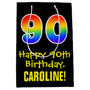 90th Birthday: Fun, Bold, Colourful, Rainbow "90" Medium Gift Bag
