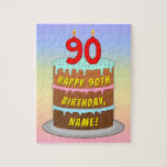 90th Birthday: Fun Cake and Candles   Custom Name Jigsaw Puzzle<br><div class="desc">This cheerful and colorful birthday jigsaw puzzle design features a cartoon-style depiction of a three-tier birthday cake having number-shaped candles on top showing the age “90“, along with the message “HAPPY 90TH BIRTHDAY, ”, and an editable recipient name. The background features a multicolored pastel rainbow spectrum inspired gradient pattern. An...</div>