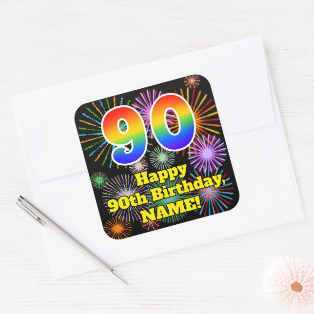 90th Birthday: Fun Fireworks Look, Rainbow # 90 Square Sticker (Envelope)