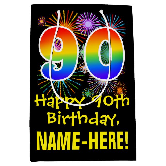 90th Birthday: Fun Fireworks Pattern + Rainbow 90 Medium Gift Bag (Front)