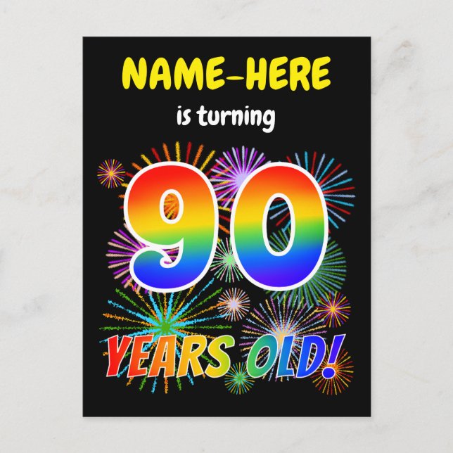 90th Birthday - Fun Fireworks, Rainbow Look "90" Postcard (Front)