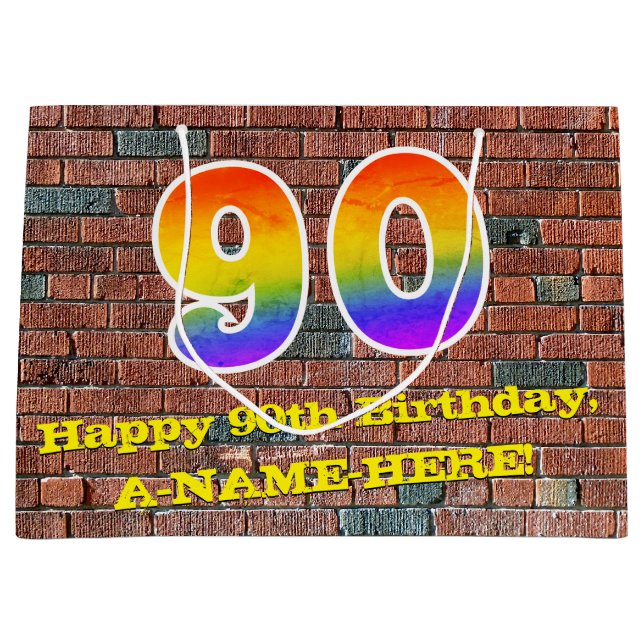 90th Birthday: Fun, Graffiti-Inspired Rainbow # 90 Large Gift Bag (Front)
