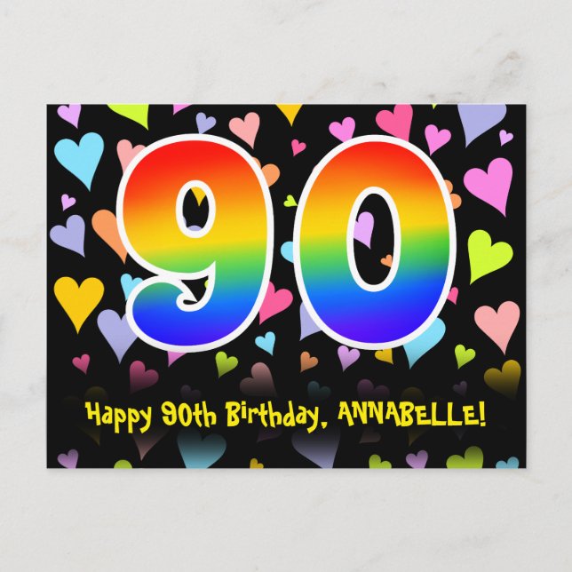 90th Birthday: Fun Hearts Pattern, Rainbow 90 Postcard (Front)