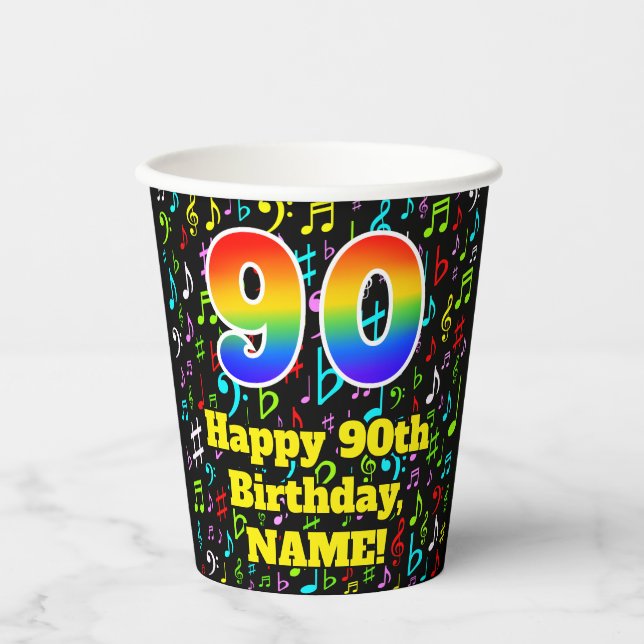 90th Birthday: Fun Music Notes Pattern, Rainbow 90 Paper Cups (Front)