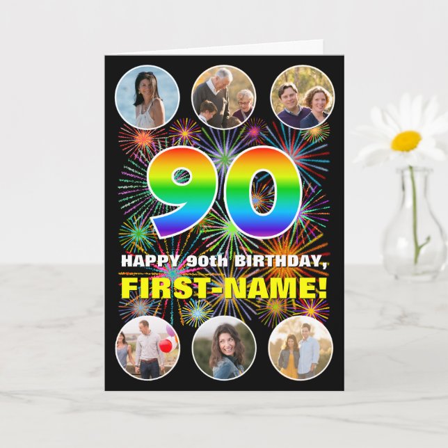90th Birthday: Fun Rainbow #, Custom Name & Photos Card (Small Plant)