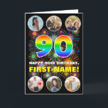 90th Birthday: Fun Rainbow #, Custom Name & Photos Card<br><div class="desc">The front of this cheerful and upbeat birthday themed greeting card design features a large number “90“ with a vibrant multicolored rainbow spectrum inspired gradient pattern, along with the message “HAPPY 90th BIRTHDAY, ” and an editable name, on a multicolored bursting fireworks inspired pattern. At the top and the bottom...</div>