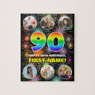 90th Birthday: Fun Rainbow #, Custom Name + Photos Jigsaw Puzzle