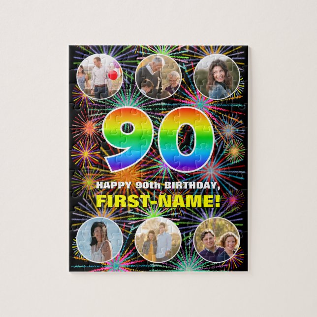 90th Birthday: Fun Rainbow #, Custom Name + Photos Jigsaw Puzzle (Vertical)
