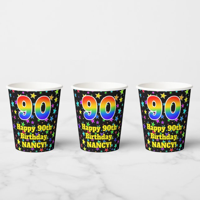 90th Birthday: Fun Stars Pattern and Rainbow 90 Paper Cups (Multi)