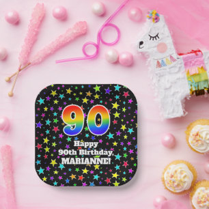 90th Birthday: Fun Stars Pattern and Rainbow “90” Paper Plate