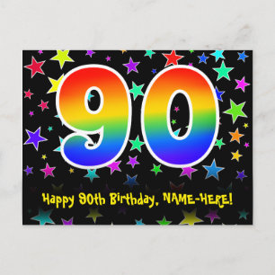 90th Birthday: Fun Stars Pattern, Rainbow 90, Name Postcard