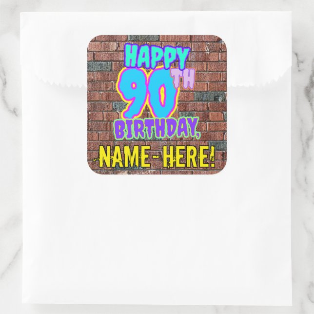 90th Birthday – Fun, Urban Graffiti Inspired Look Square Sticker (Bag)