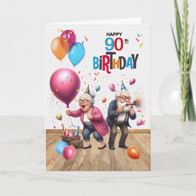 90th Birthday Funny Old Man and Woman Balloons Card (Front)