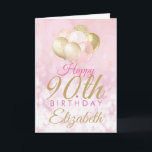 90th Birthday Glitter Pink Balloon Card<br><div class="desc">A gorgeous blush pink and glitter balloon happy birthday card. This feminine design is the perfect way to wish someone a happy 90th birthday (or any age!) Personalise with our own custom name and message. Pink and gold coloured typography on a bubble effect girly background. This would be perfect for...</div>