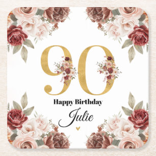 90th Birthday Gold and Burgundy Floral Personalize Square Paper Coaster