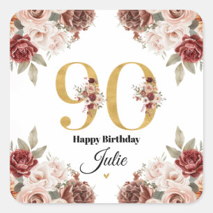 90th Birthday Gold and Burgundy Floral Personalize Square Sticker