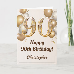 90th Birthday Gold Balloons and Confetti Birthday Card
