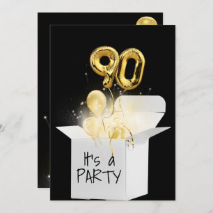 90th Birthday Gold Balloons In White Box Invitation