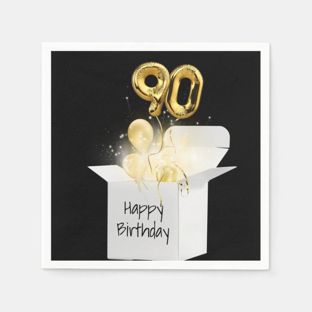 90th Birthday Gold Balloons In White Box Napkin (Front)