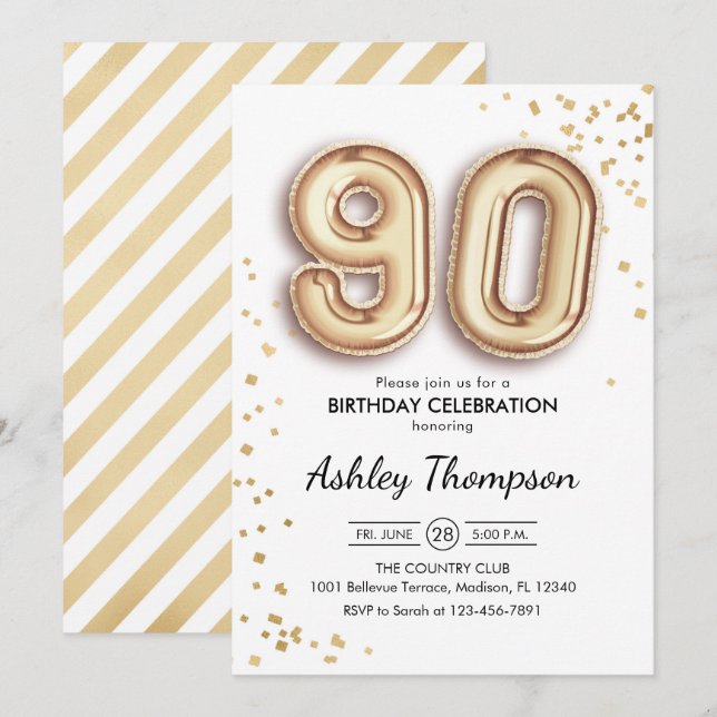 90th Birthday - Gold Balloons Invitation (Front/Back)