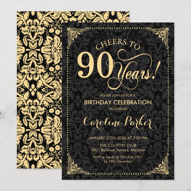90th Birthday - Gold Black Damask Invitation (Front/Back)