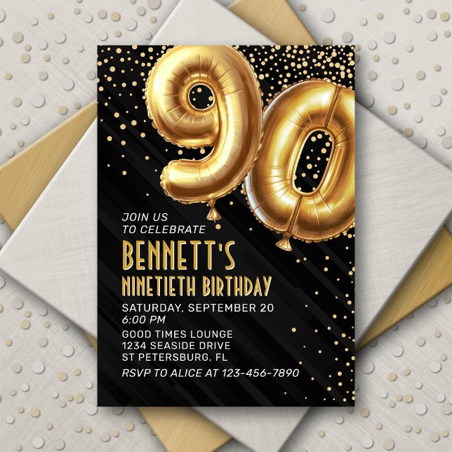 90th Birthday Gold Black Invitation (Creator Uploaded)