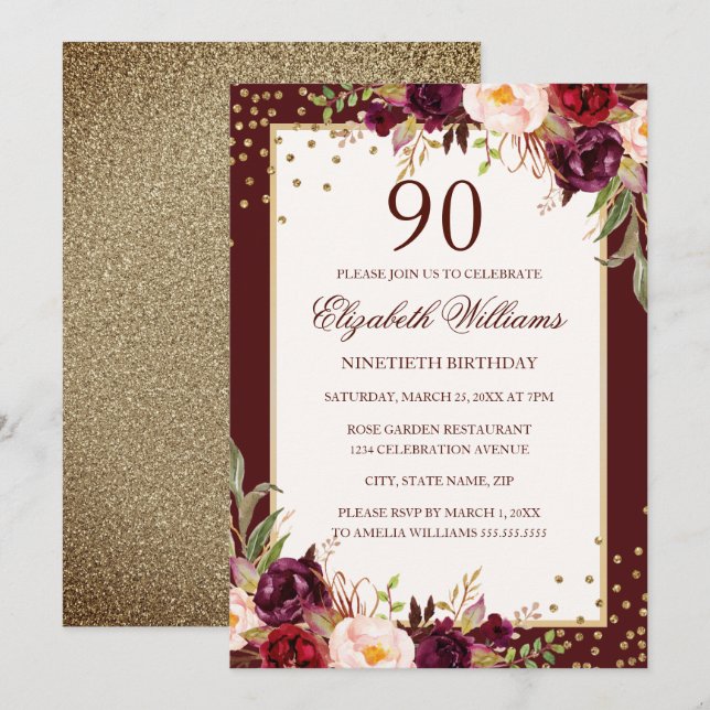90th Birthday Gold Burgundy Floral Invitation (Front/Back)