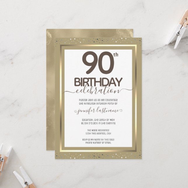 90th Birthday Gold Formal Invitation (Front/Back In Situ)