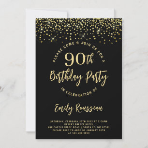 90th Birthday Gold Glitter Confetti Black Invitation