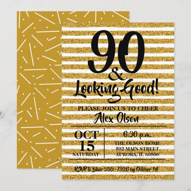 90th Birthday Gold Glitter Party Invitations (Front/Back)