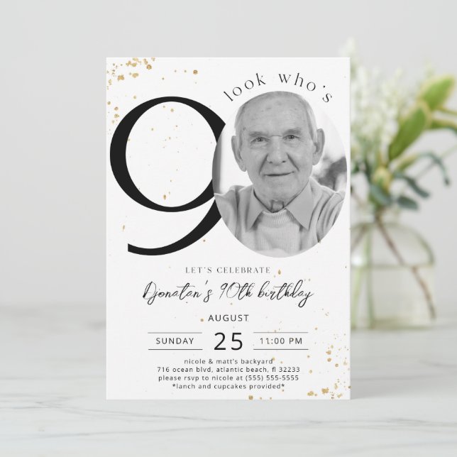 90th Birthday Gold Invitation Card Photo (Standing Front)