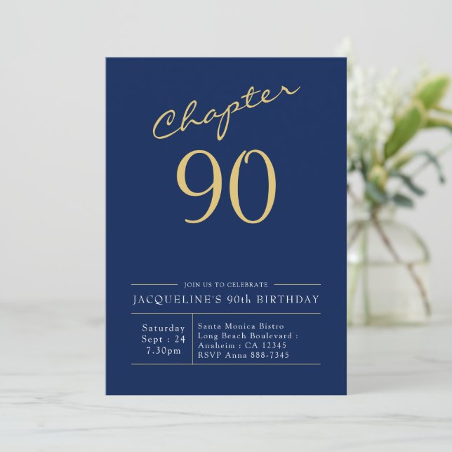 90th Birthday Gold Modern Script Blue Invitation (Standing Front)