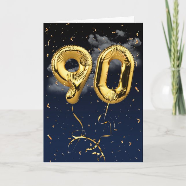 90th Birthday Gold Mylar Balloon and Confetti Card (Front)