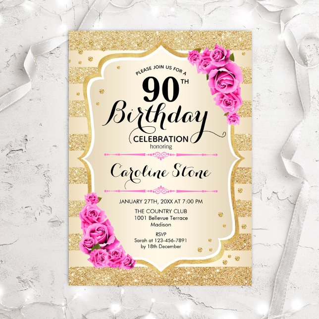 90th Birthday - Gold Stripes Pink Roses Invitation (Creator Uploaded)