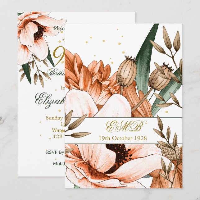 90th Birthday Gold Terracotta Orang Floral Elegant Invitation (Front/Back)