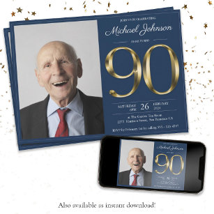 90th Birthday Gold Text Navy Blue Classy Photo Invitation