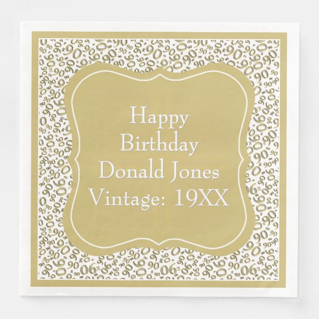 90th Birthday Gold/White Bracket Number Pattern Napkin (Front)