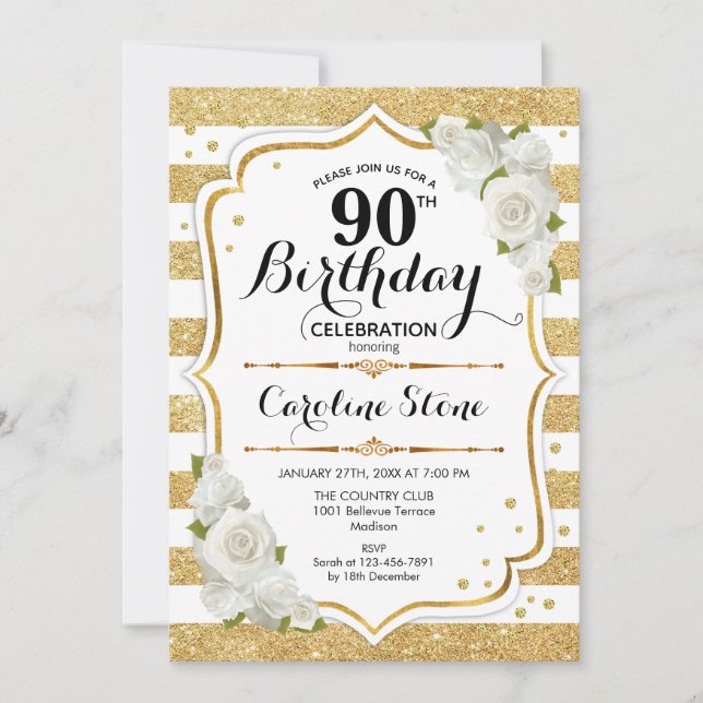 90th Birthday - Gold White Stripes Roses Invitation (Front)